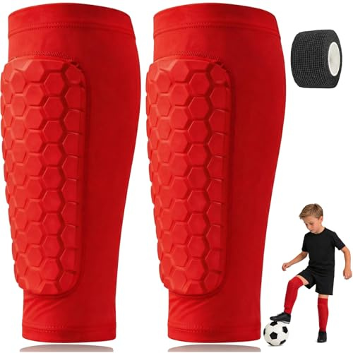 TiGog Schienbeinschoner Kinder Fussball, Ultraleicht Schienbeinschutz mit Selbstklebender Verband, Atmungsaktive Schutzausrüstung mit Überlegener Stoßdämpfung für Jungen Mädchen, Rot XS