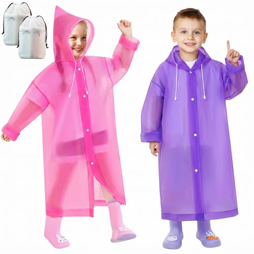 Domueay Rain Poncho Kids 2 Pack Waterproof Reusable EVA Rain Coat with Hood for Boys Lightweight Foldable Raincoat Breathable Unisex Rain Jacket for Outdoor Camping Travel, Pink and Purple