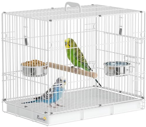PawHut Foldable Bird Cages Metal for Cockatiels 49 x 31 x 40 cm White | Parrot Cage, Wooden Perch, 2 Bowls, Top Handle, for Parakeets, Finches