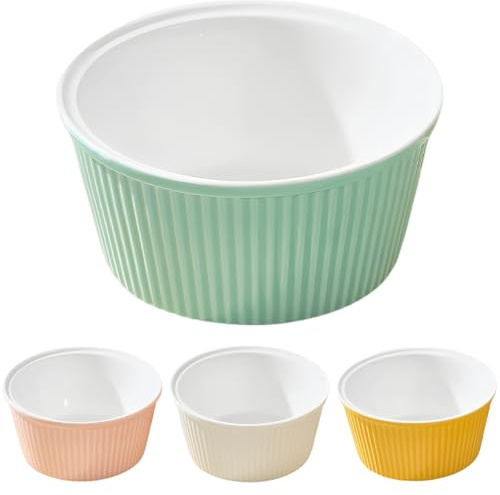 4 Pcs Ceramic Ramekins, Oven Safe 10.1 fl oz Porcelain Souffle Dishes for Baking, Stackable Pudding Bowls, Vertical Striped Design, Blue Yellow White Pink, 4.5 x 4.5 x 2.2 in