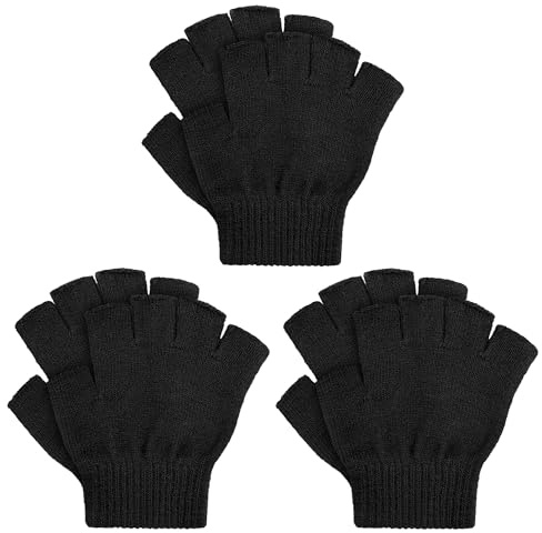 Cooraby 3 Pairs Unisex Kids Fingerless Winter Gloves Stretchy Knitted Half Finger Mittens Typing Gloves (Black, 6-11 Years)