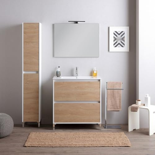 Kiamami Valentina Mobile Bagno a Terra 100 cm Bianco Rovere Laguna | Con lavabo in ceramica, 2 cassetti soft close, specchio 100x60 cm, piedini cromati, mobile già assemblato