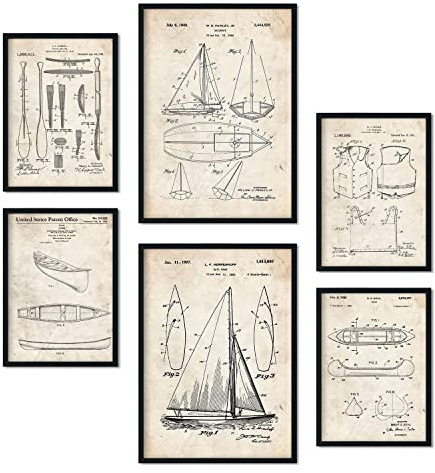 Nacnic Set von 6 Plakaten mit Boot Patenten. Plakate mit Retro-Patentabbildungen. Inneneinrichtung im Vintage-Stil. Grösse A4 und A3. Mit Rahmen.