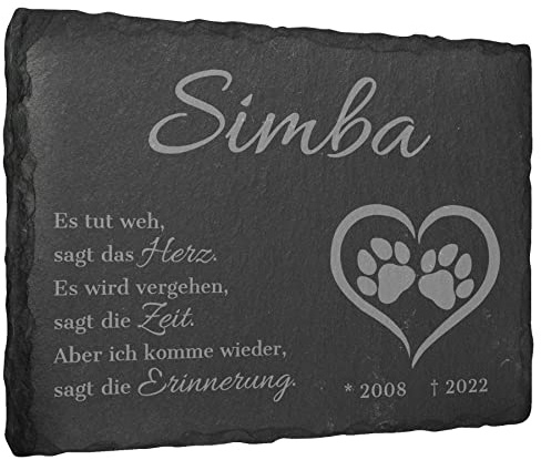 mtb more energy Gedenktafel Grabstein Schiefertafel - Pfoten in Herz ''Es TUT WEH'' - personalisierbar - 20x15 cm - Grabplatte Haustier Hund Katze