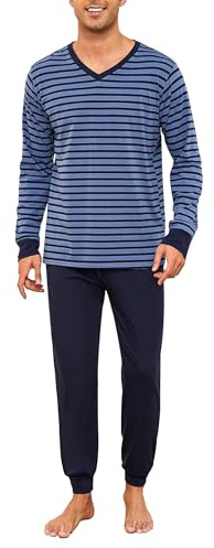 Bresdk Pijama Hombre Invierno Algodon Manga Larga Rayas Largos Cuello en V | Dos Piezas