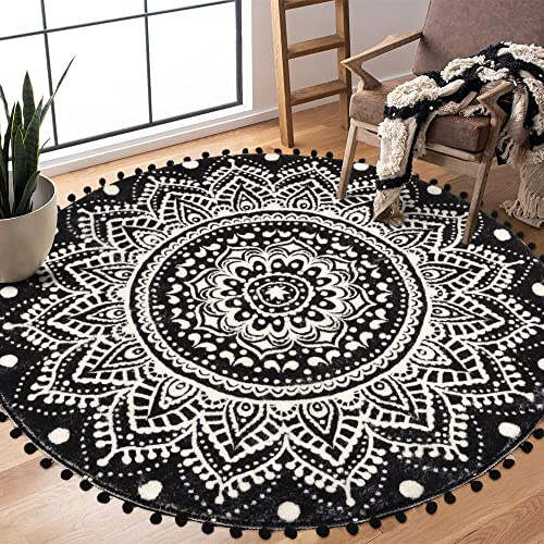 KIMODE Boho-Teppich, rund, weich, maschinenwaschbar, rutschfest, Mandala-Motiv, Wohnzimmer, Schlafzimmer, Pompons, Fransen