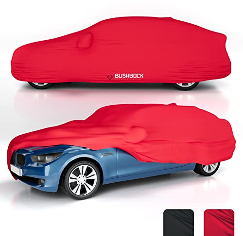 BUSHBOCK® Premium Autoabdeckung Indoor (Rot, XL) | Extra dickes samtweiches Car Cover für Innenräume. Staubschutz in Perfektion. Besonders lackschonende Autoplane – Abdeckplane