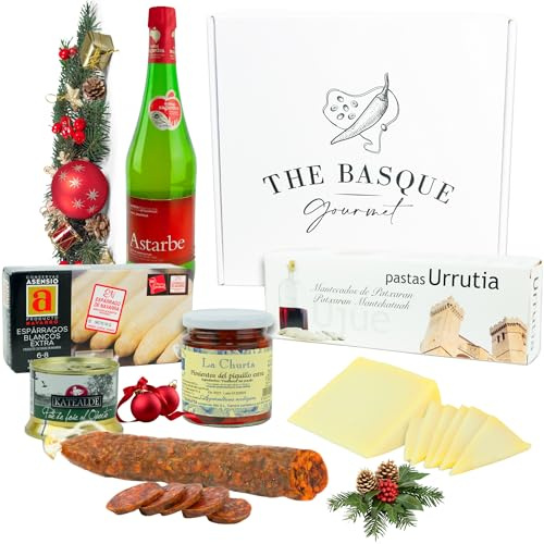 THE BASQUE gourmet – Cesta Navidad Regalo de Productos de Euskal Herria – Lotes de Navidad – Queso Idiazabal, Paté, Chorizo, Espárragos de Navarra, Sidra Vasca … – Cesta Gourmet para Regalar
