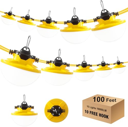 JC-LGL 100FT Construction String Light 130W 16000Lm, 5000K Industrial Grade LED String Work lights, IP65 Waterproof Temporary Lighting for Construction Sites, Renovation, Mine Cave, Job Site, Walkways