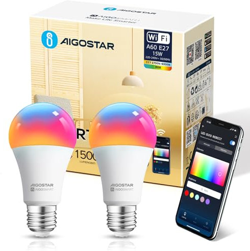 Aigostar Bombilla Inteligente E27 Bombillas Alexa LED 15W 1500LM Bombilla Wifi RGB & 2700K-6500K Regulable, Sincronización con la música, Conexión rápida, Compatible Alexa y Google Home, 2 pack