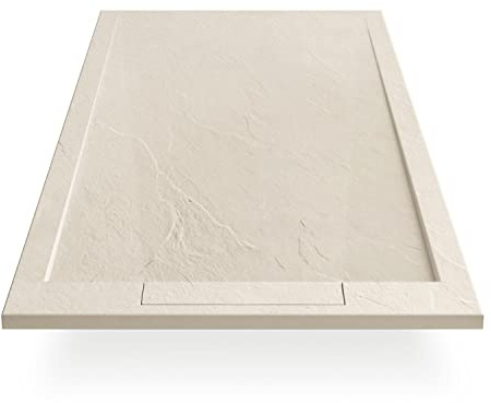 EGO INTERIORS Premium Design Duschwanne 140 x 90 cm Naturstein-optik, Farbe Creme, Flache Duschtasse aus Mineralguss, Rutschfeste Struktur, Superflach, Rechteckiges Duschbecken