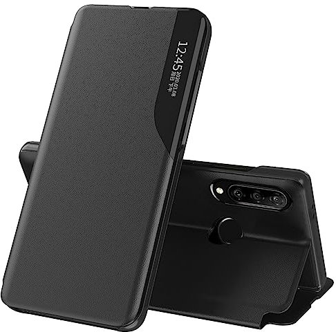 Handyhülle für Huawei P30 Lite Hülle Clear View Klappbar Leder Schutzhülle für Huawei P30 Lite Hülle mit Ständer 360 Grad ​​​​Stoßfest Anti-Kratzer Klapphülle für Huawei P30 Lite Case Cover (Schwarz)