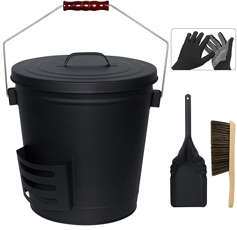BRIAN & DANY Secchio per Cenere Camino con Coperchio, 20L Porta Pellet con Paletta e Scopino, Attrezzi per Caminetto per Caminetto, Braciere e Stufa a Legna