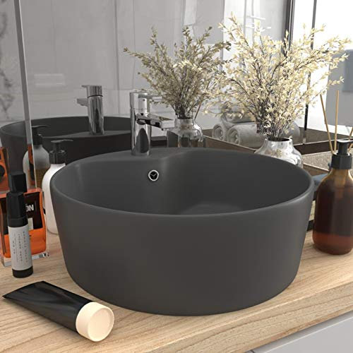 ZEYUAN Lavabo Lujoso con rebosadero cerámica Gris Oscuro Mate 36x13 cm, Fregadero, Lavabo Baño, Lavamanos Baño, Lavatorio Casa De Banho, Mueble Lavabo sobre Encimera