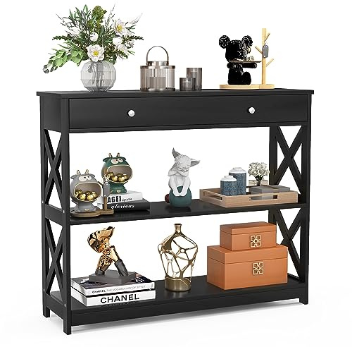 GIANTEX Konsolentisch schmal, Flurtisch mit Schublade & 2 Ablagen, Beistelltisch Eingangstisch Dielentisch mit Kippschutz, moderner Dekotisch Sideboard für Wohnzimmer, 100 × 30 × 80 cm (Schwarz)