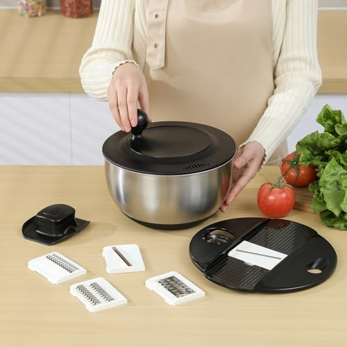 supernal Salad Spinner Stainless Steel Large,Vegetable Washer with 5.3 Qt Bowl,Salad Chopper Bowl,Nesting Bowls with Graters,Large Mixing Bowl Bowls for Kitchen With 5 Grater