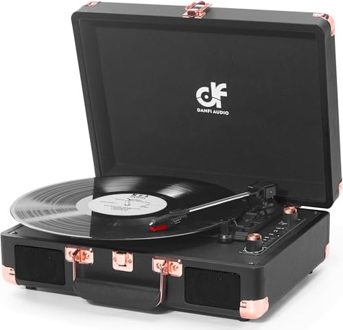 Tocadiscos de Vinilo con 2 Altavoces Integrados, Vintage, portátil, Bluetooth, Maleta, con grabación USB, convertidor de MP3, RCA/AUX/Salida de Auriculares, Negro y Oro Rosa