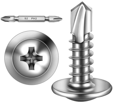 Lot de 300 vis à tôle 4,8 x 19 mm - Vis autotaraudeuses en acier inoxydable à tête plate avec disque et tournevis cruciforme