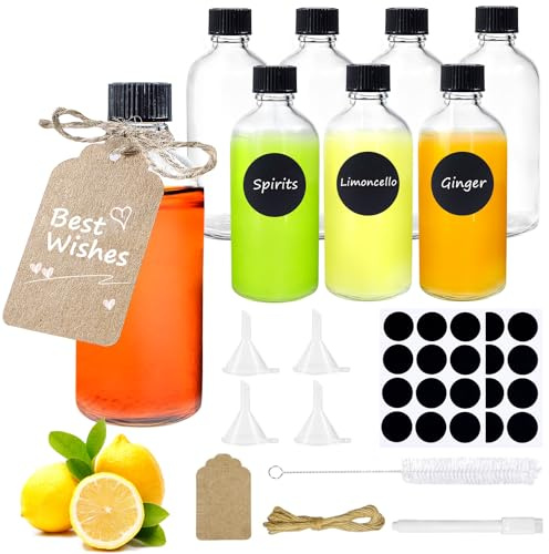 Mispudin Shot-flaskor att fylla, 8x100 ml ingefära Shot-flaskor, små glasflaskor med lock, med 4x små trattar, 8x etiketter, 1x rengöringsborste och 1x penna