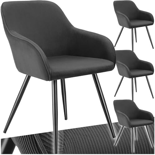 tectake® 4X Esszimmerstuhl, Sessel bequem mit Armlehne, Polsterstuhl, Cord Cocktailsessel, Loungesessel für Wohnzimmer, Esszimmer, Moderne Küchenstühle, Bürostuhl - anthrazit/schwarz