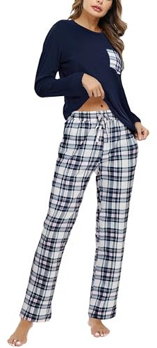 Aseniza Pigiama Donna Invernale Cotone Lungo Pigiama da Donna Due Pezzi Manica Lunga e Pantaloni Lunghi a Quadri Pigiami con Tasca Blu Scuro, S