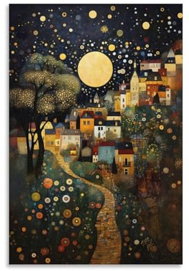 Gustav Klimt Mond Nachthimmel Landschaft Blumen Wandkunst Pflanzen Poster Dekorative Malerei Leinwand Wandkunst Wohnzimmer Dekoration Poster 24x36 Zoll (60x90cm)