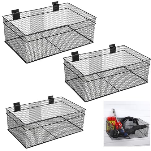 IGNPION Set di 3 cestini portaoggetti in filo metallico, pannelli a doghe in metallo, accessori per garage, cestini portaoggetti multiuso in PVC, 3 dimensioni