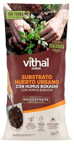 VITHAL Substrato Huerto Urbano Con Humus Bokashi Sin Turba 20L - Substrato Listo Para Usar, Potencia El Crecimiento De Hojas Y Flores, Apto Para Plantas De Interior Y Exterior