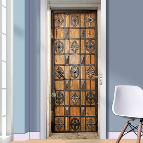 Türtapete Selbstklebend 77x200 cm Türfolie Selbstklebend Blumenmuster Türaufkleber Türposter Vintage-Holz Türsticker Fototapete 3D Effekt für Schlafzimmer Wohnzimmer Küche 8510A