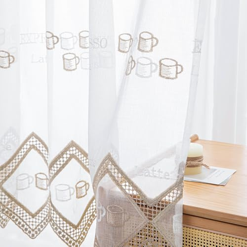Daliena Scheibengardine Küche Kaffeemotive Bestickte Bistrogardine Gardine mit Lochleiste Küchen Vorhang, Kleine Fenstergardinen Durchsichtig für Wohnzimmer Cafés Stores Beige (BxH 80x80cm) 1 stück