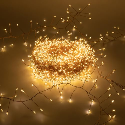 Luccika Cluster Catena Luminosa Natalizia, Luci Micro LED a Grappolo, 8 modalità di Giochi, Interno Esterno, Lucine Decorative per Albero, Natale (Bianco Caldo - Cavo Rame, 20 Metri - 2000 LED)