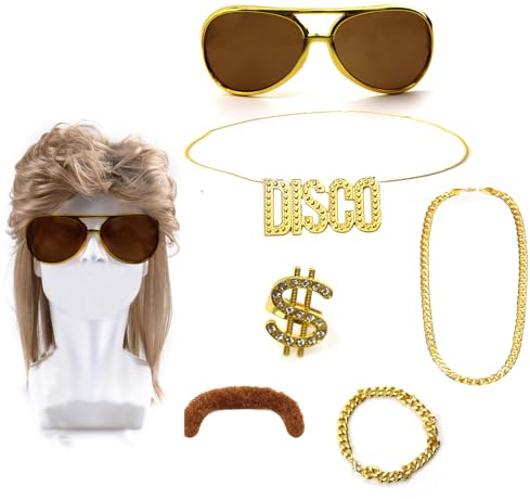 ZITUZY 80er 90er Jahre Outfit Herren Accessoires, Vokuhila Perücke Herren Set, Hip Hop Kostüm Set, für Faschingskostüme Halloween Männer