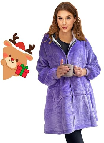 O³ Coperta con cappuccio, plaid con maniche, Coperta indossabile in pile, Felpa oversize donna, Blanket hoodie - Confortevole e morbido - Perfetto per le notti invernali sul divano (Viola)