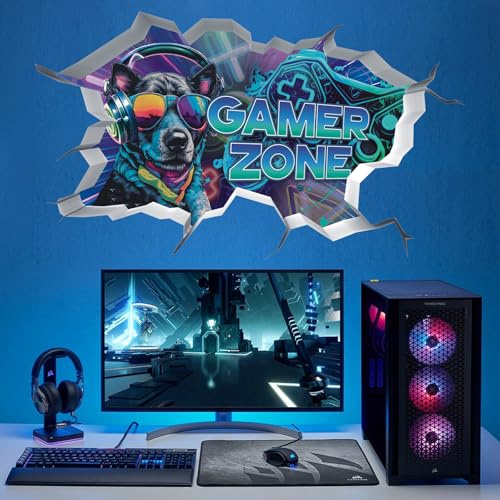 ANHUIB 3D Gaming Wall Decals Blue Gamer Wall Stickers Gaming Room Decor Gamer Zone Peel and Stick Art Decal Teenagers Boy Bedroom Playroom Wall Decoration Dog Gaming Bedroom Accessories