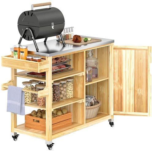 Outsunny Grillwagen 6-Etagen Servierwagen mit Arbeitsfläche Handtuchregal, BBQ Grilltisch aus Holz, Grill Beistelltisch, Outdoor Trolley, Holzkohlegrill für Garten, Terrasse 134,5x50x91,5cm Naturholz