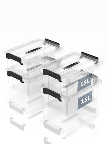 SpaceXpert Aufbewahrungsboxen, Lagerboxen, Tragefähige Kunststoffboxen mit Griff, Stapelfähiger Organisationsbehälter für Schlafzimmer, Unrat, Schule, Transparent, 15L (4er Set)