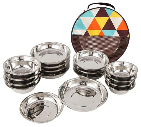 Qsvbeeqj Set di 17 piatti in acciaio inox resistenti alla ruggine, stoviglie per camper e picnic, utensili da cucina portatili