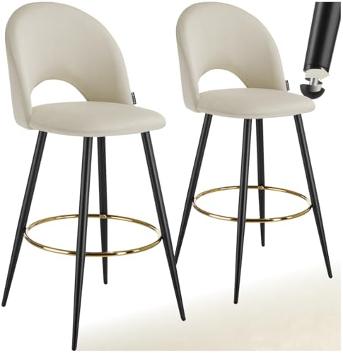 tectake® Taburete Alto Cocina con Respaldo, Acolchado, Terciopelo Suave, Taburete Bar con Patas de Acero, Reposapiés y Pies Antideslizantes, Silla Cocina o Bar, Banqueta - 2 sillas, Crema/Negro