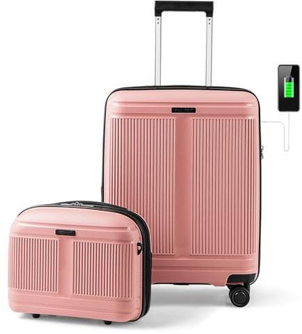 GOPLUS 2 delar. Resväska med hårt skal, bagageset med kabinväska 20 tum & kosmetisk väska 14 tum, kabinbagage med 4 dubbla svängbara hjul, TSA-lås, USB-port, resväska set, ROSA, /