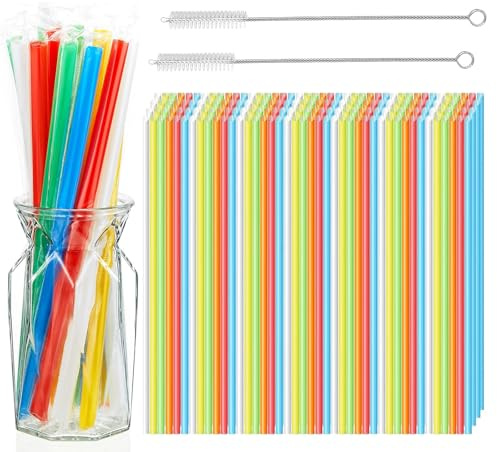Gudemoore 100 Stück Wiederverwendbare Strohhalme Plastik, Buntfarbene Trinkhalme Plastik,Verdickte Strohhalme Plastik, mit 2 Strohhalm Bürste,für Juice Getränke(9.05 Zoll lang,0.23 Zoll Durchmesser)