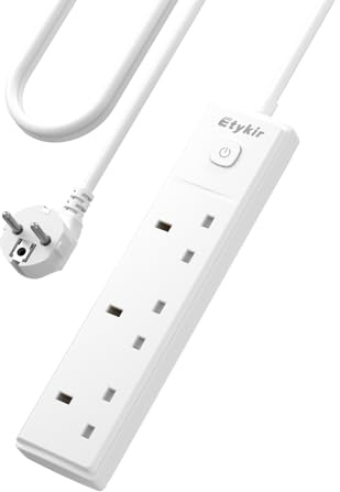Adaptador Enchufe UK a Europeo, Regleta con 3 Tomas Británicas | Cable 1,5m, Interruptor y Protección Sobretensión, 13A/3250W – para Dispositivos del Reino Unido en España/Europa