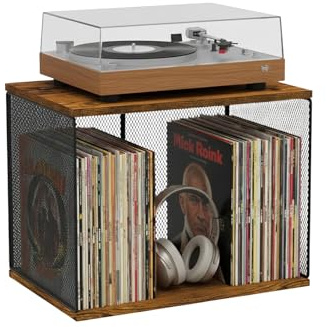 Kryntex Vinyl Record Storage Cube, Stackable Wooden LP Album Holder Fits 80–110 Records, Metal Frame Record Organiser Box for Home, Living Room or Studio