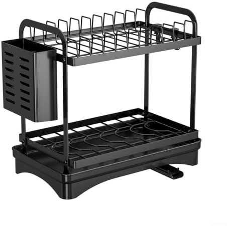 Escurridor de platos de 2 niveles con soporte para utensilios y bandeja de goteo para encimera de cocina, escurridor de acero al carbono de gran capacidad, color negro