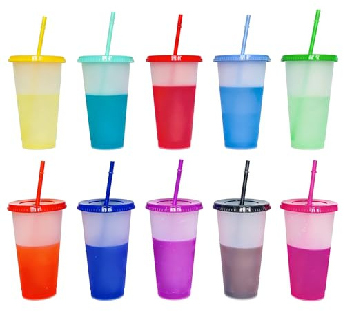 10 stycken färgskiftande koppar, 710 ml drickkoppar med lock, färgglada återanvändbara plastmuggar med lock och sugrör, färgskiftande festkoppar för kaffe kall dryck, juice, camping, okrossbar