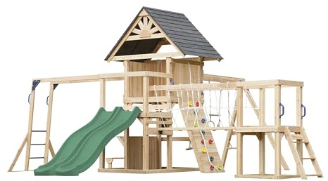 AXI Hunter Spielturm aus Holz mit 2 Schaukeln & doppelter Rutsche in Grün | XXL Spielhaus/Spielplatz für Kinder mit Klettergerüst, Kletterbrücke & Trapez | Schaukelgerüst für den Garten