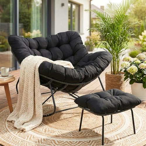 LIFERUN Schaukelstuhl mit Rattan Set, Ei-Schaukelstuhl mit Hocker, Schaukelsessel Oversized, wetterfeste, mit dickem Abnehmbar Polster, Belastung von 150kg, Loungesessel für Garten Balkon Wohnzimmer