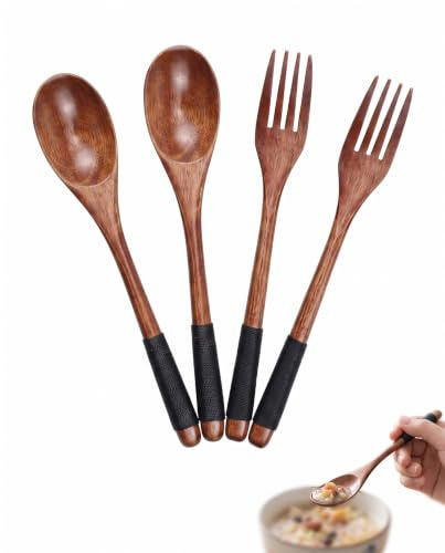 BTACGWP Couverts à Salade 4 Pièces (2 Cuillères & 2 Fourchettes) 22,5 cm Poignée Noire Antidérapante Prise Ferme pour Salades Froides