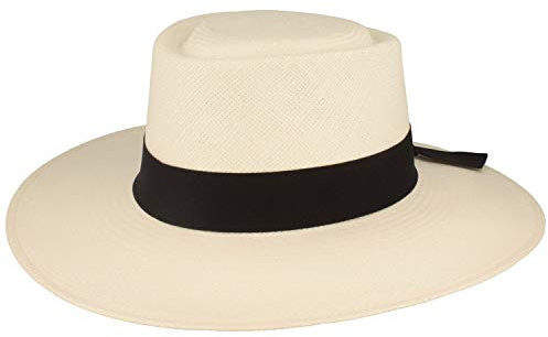 Breiter ORIGINAL Damen Panama Hut Strohhut Bolerohut Strohhut aus Ecuador Traditionell Handgeflochten UV-Schutz 50+ Weiß L