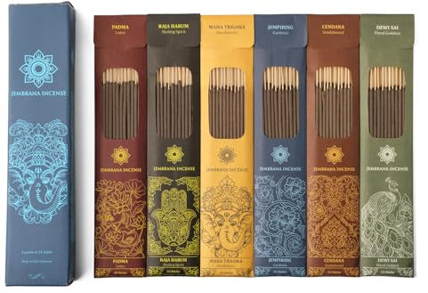Jembrana Räucherstäbchen, Mix 6 Düfte (insgesamt 144 Stäbchen), je 24 Stäbchen Lotus (Padma), Sandelholz, Gardenie, Maha Triloka, Raja Harum & Dewi Sai (Bernstein), Geschenk-Sets von Bali Soap