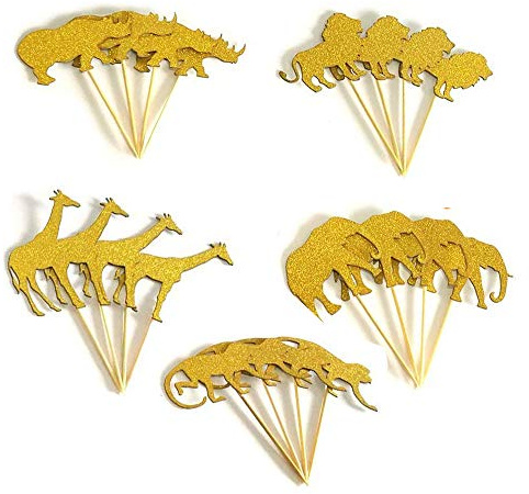 30 Stück goldfarbene Glitzer-Dschungel-Safari-Tier-Cupcake-Dekorationen für Babypartys, Geburtstagspartys, Kuchendekorationen